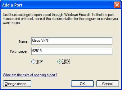 Enter Cisco VPN under name, Port no. 62515, and select UDP